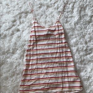 red, orange, white striped dress
